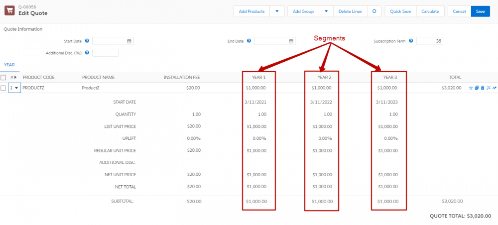 CPQ MDQ Segments Preview In Quote Line Editor 